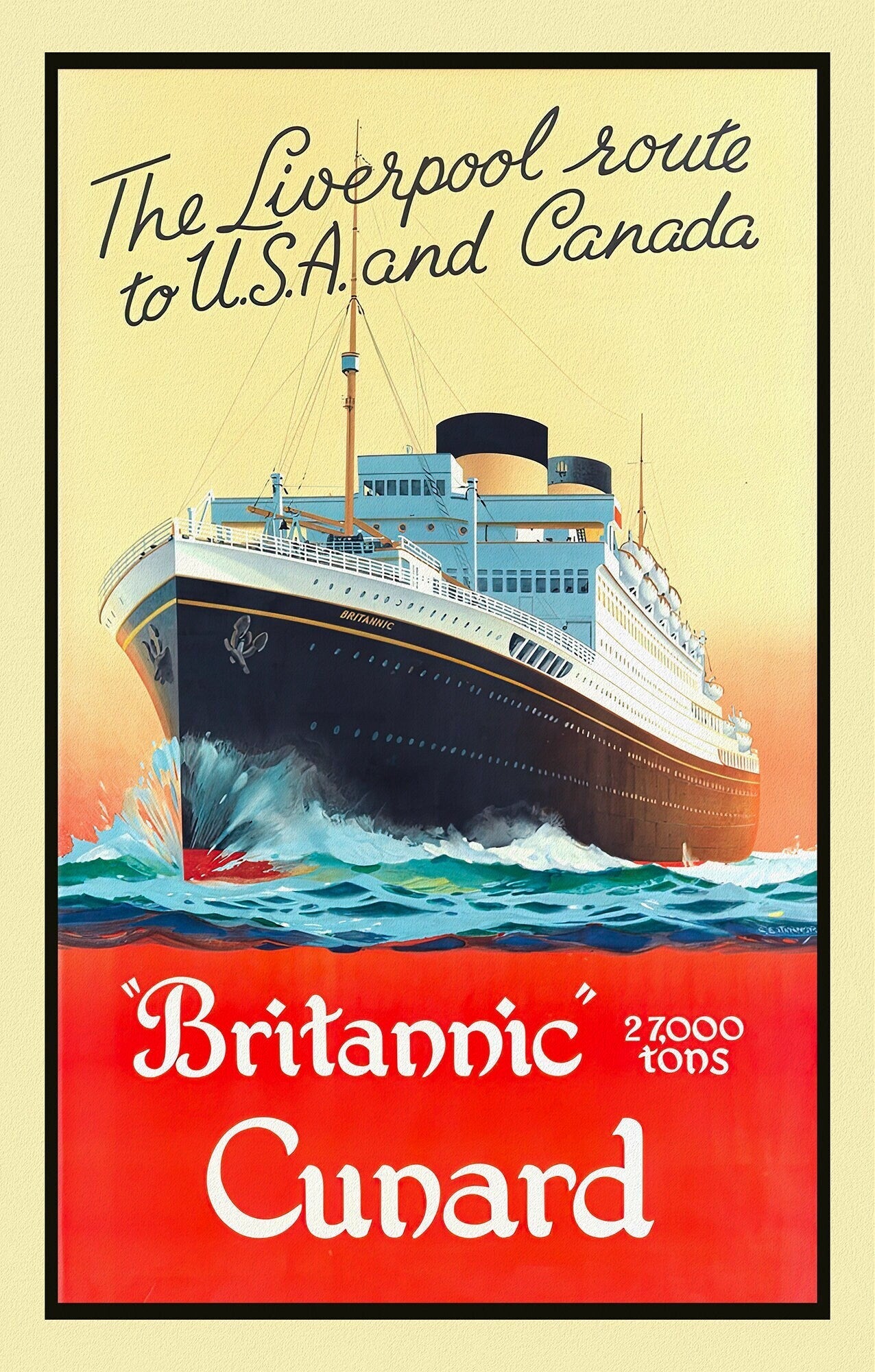 Cunard to Canada and USA, Liverpool Route, 1925, travel poster reprinted on durable cotton canvas, 50 x 70 cm, 20 x 25" approx. - The Map Chest
