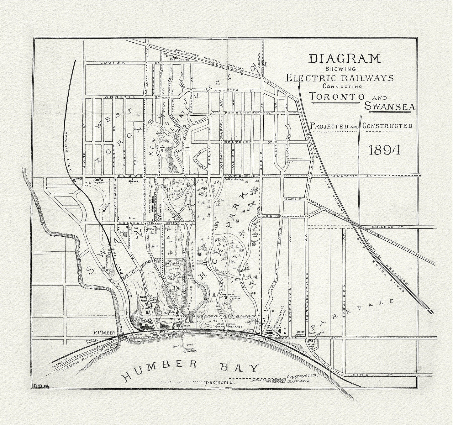 Diagram showing electric railways connecting Toronto and Swansea projected and constructed, 189 on canvas, 50 x 70 cm, 20 x 25" approx. - The Map Chest