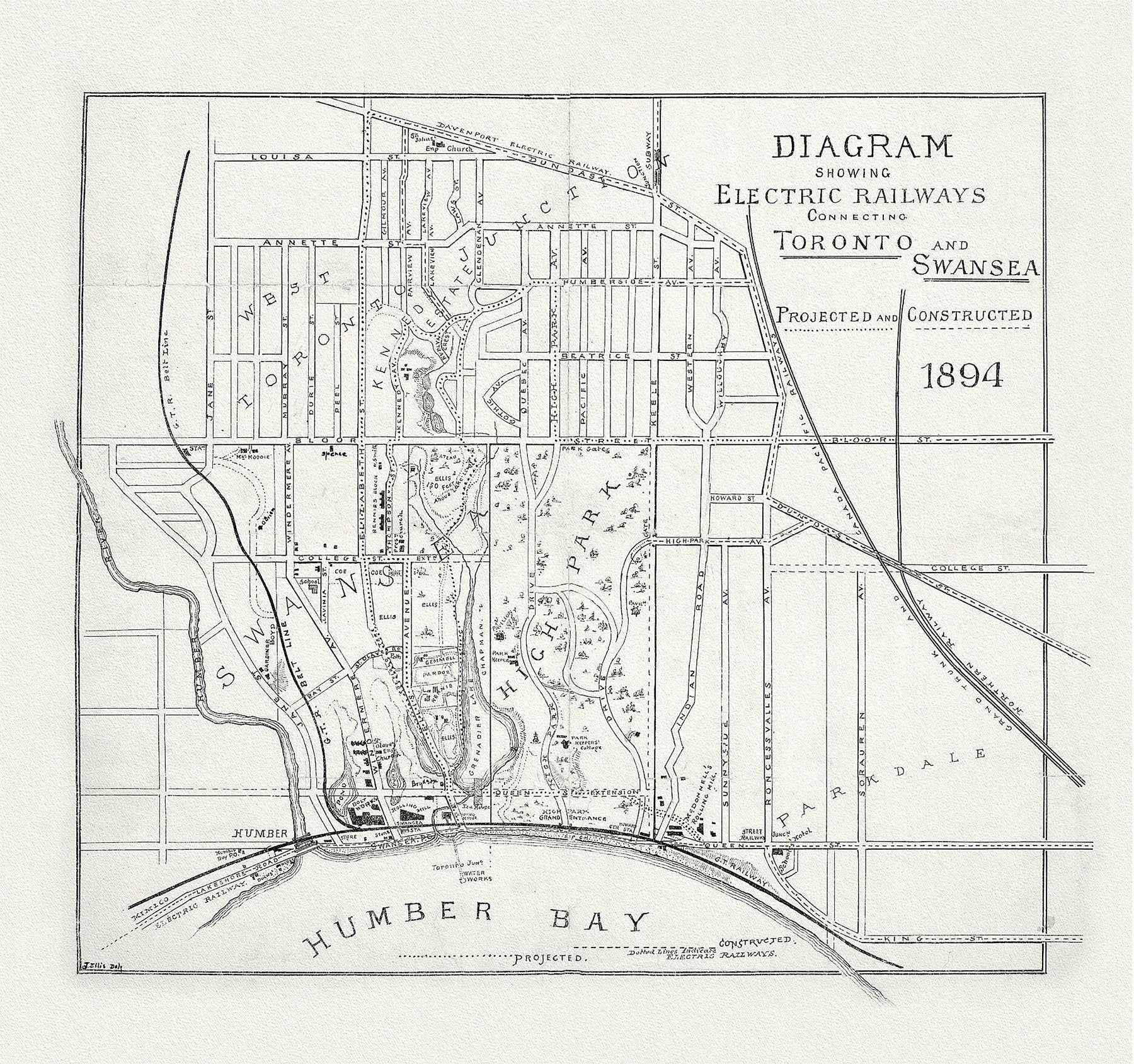 Diagram showing electric railways connecting Toronto and Swansea projected and constructed, 189 on canvas, 50 x 70 cm, 20 x 25" approx. - The Map Chest
