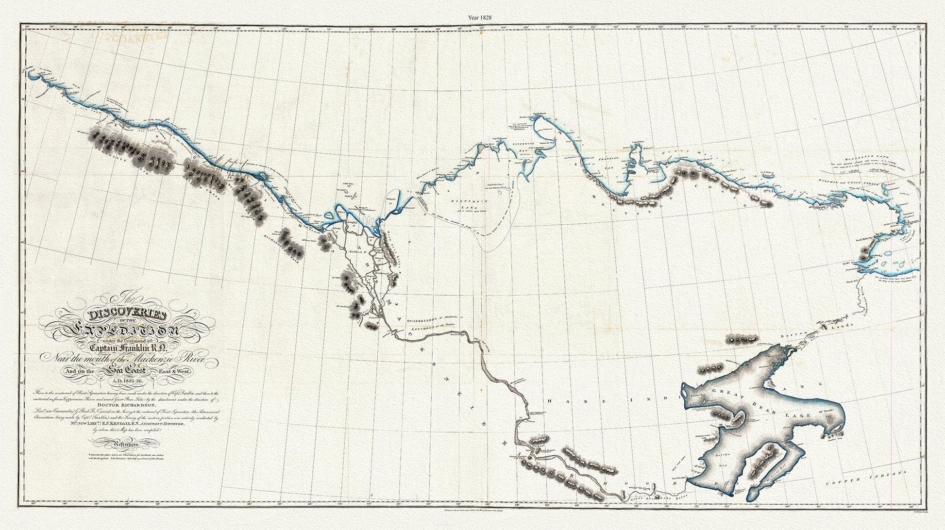 Discoveries of the expedition under the command of Captain Franklin R.N. near the mouth of the Mackenzie River, 1828 map, 20 x 36" approx. - The Map Chest