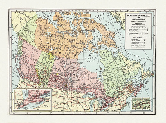 Dominion of Canada and Newfoundland - 1948, Hammond auth., vintage map reprinted on durable cotton canvas, 50 x 70 cm, 20 x 25" approx. - The Map Chest