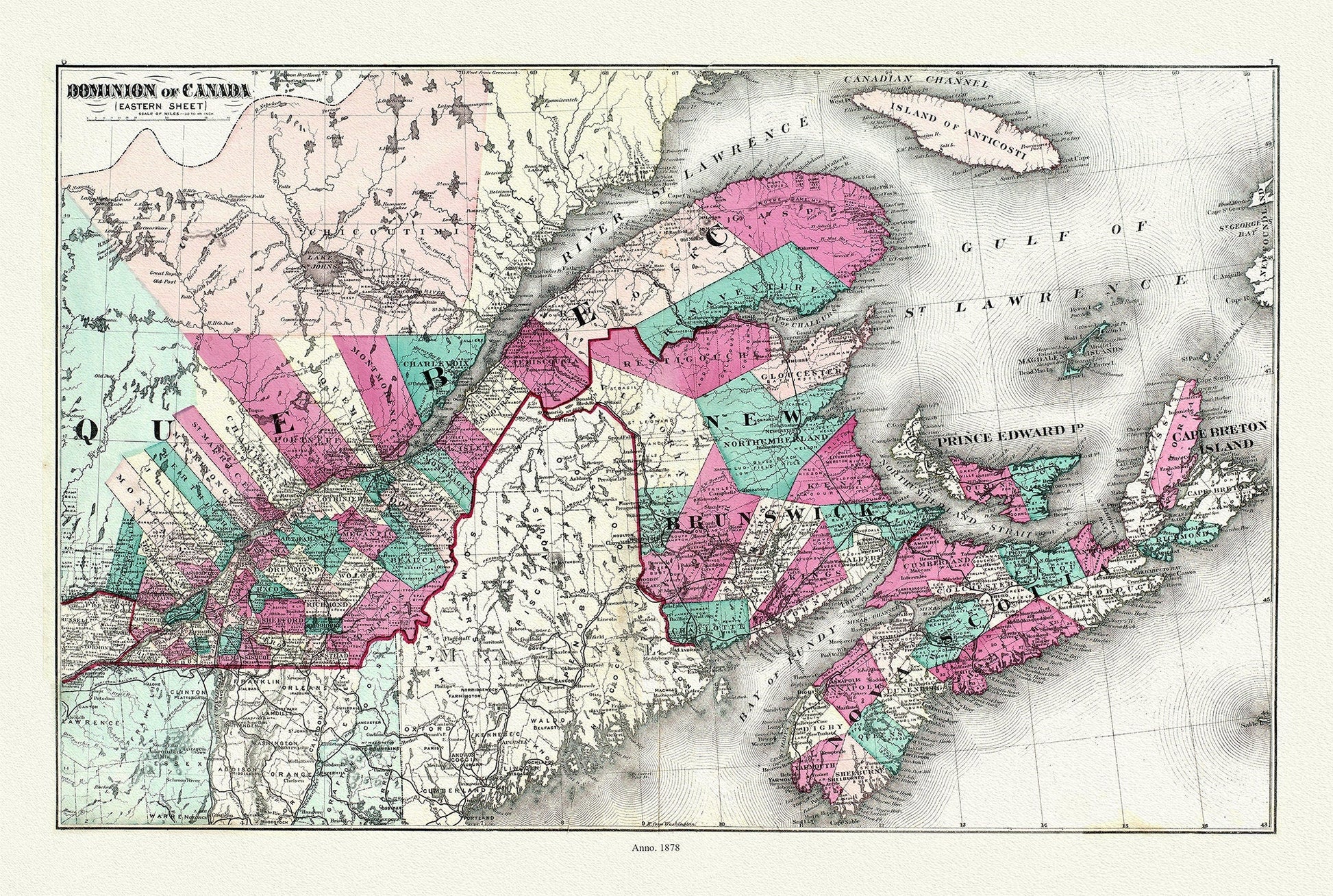 Dominion of Canada. Eastern Sheet. 1878, map on heavy cotton canvas, 50x70cm (20 x 25") approx. - The Map Chest