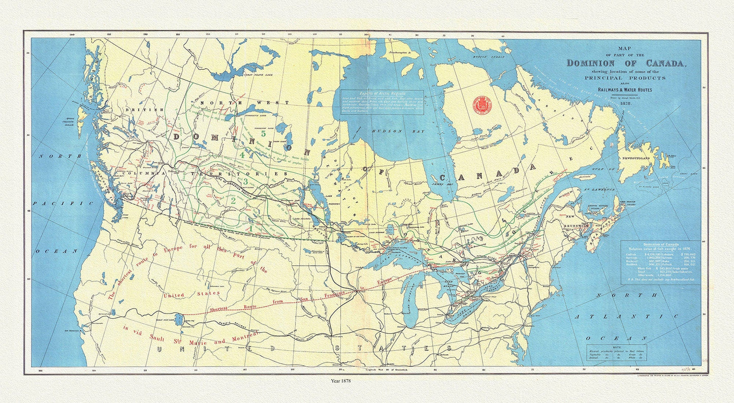 Dominion of Canada, shewing principal products, also railway & water routes, 1878, Smith auth. map on canvas, 50 x 70 cm, 20 x 25" approx. - The Map Chest