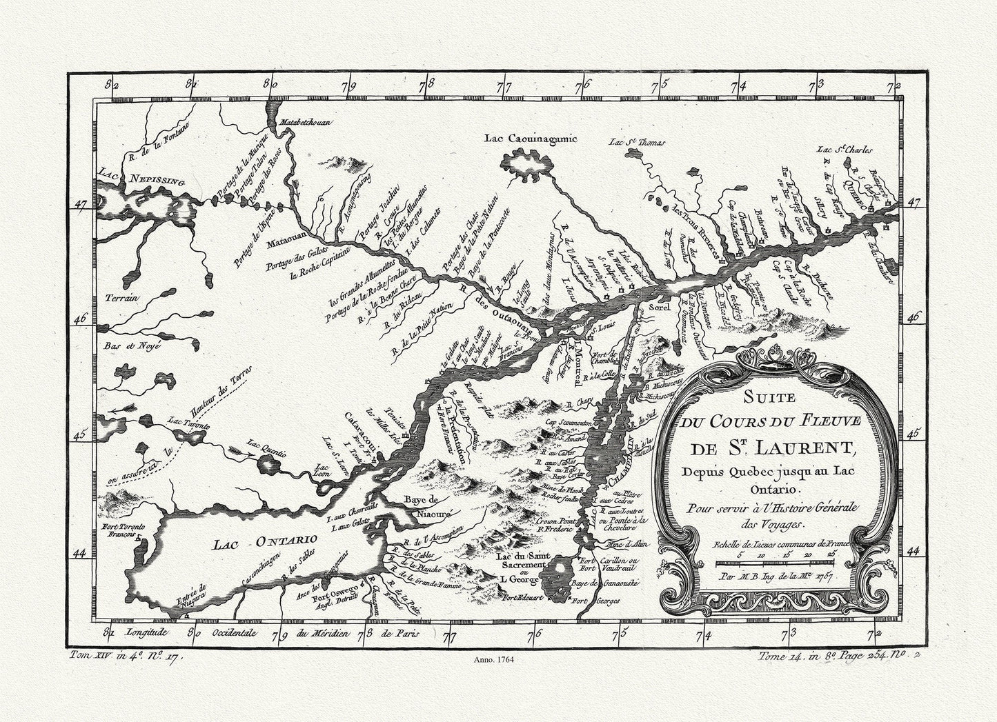 Du Cours du Fleuve de St. Laurent, 1764, Bellin auth., map on heavy cotton canvas, 50x70cm (20 x 25") approx. - The Map Chest
