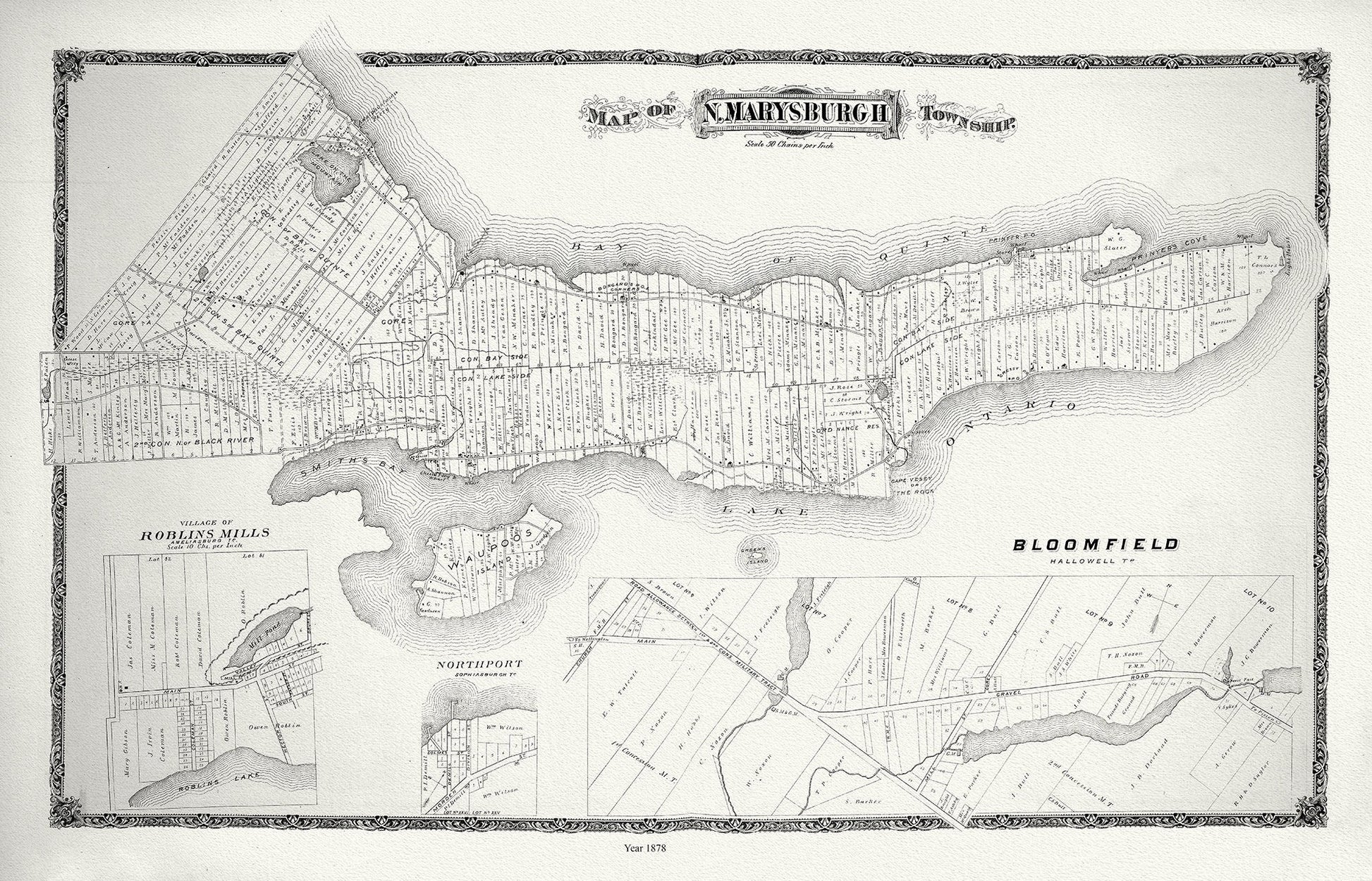 E Marysburg Township, Ontario, 1878 , map on durable cotton canvas, 50 x 70 cm, 20 x 25" approx. - The Map Chest