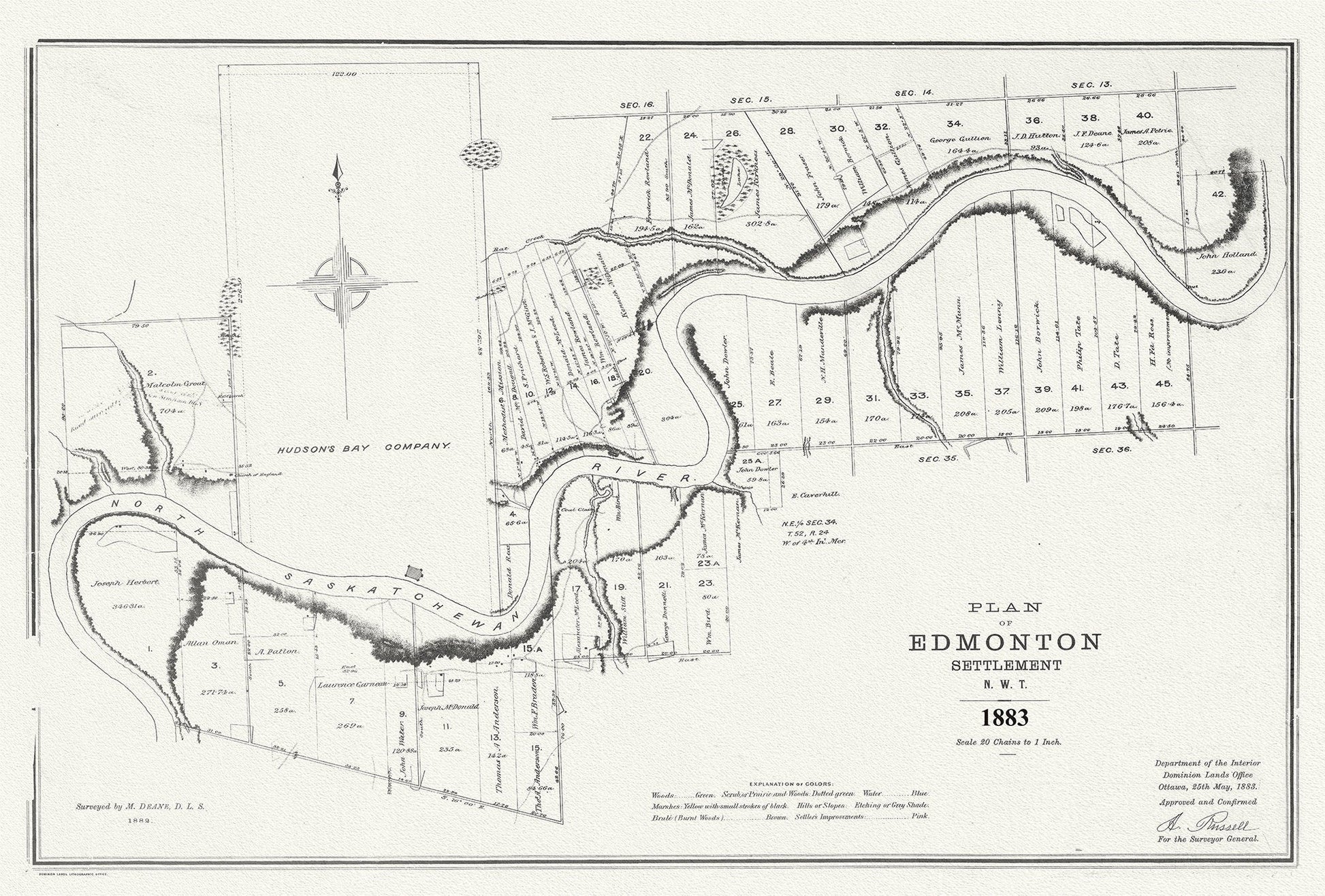 E Plan of Edmonton settlement, N.W.T., 1883, map on durable cotton canvas, 50 x 70 cm or 20x25" approx. - The Map Chest