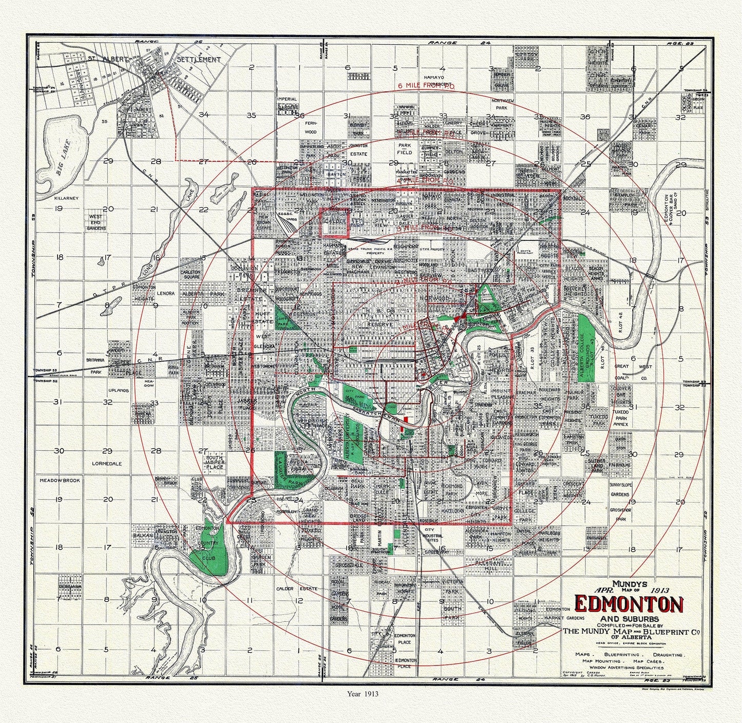 Edmonton and suburbs, 1913, Mundy auth. , map on durable cotton canvas, 50 x 70 cm or 20x25" approx. - The Map Chest