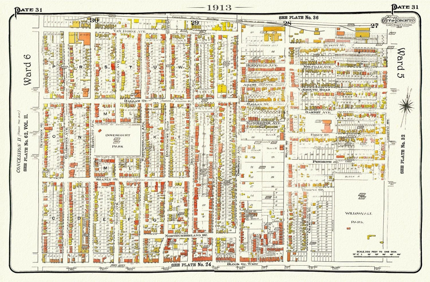 EPlate 31, Toronto West, Brockton, Bloorcourt North, 1913, map on heavy cotton canvas, 20 x 30" approx. - The Map Chest