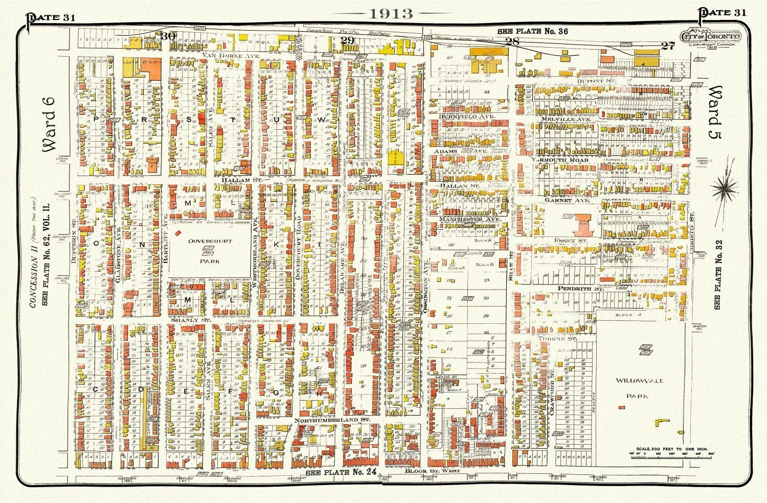 EPlate 31, Toronto West, Brockton, Bloorcourt North, 1913, map on heavy cotton canvas, 20 x 30" approx. - The Map Chest