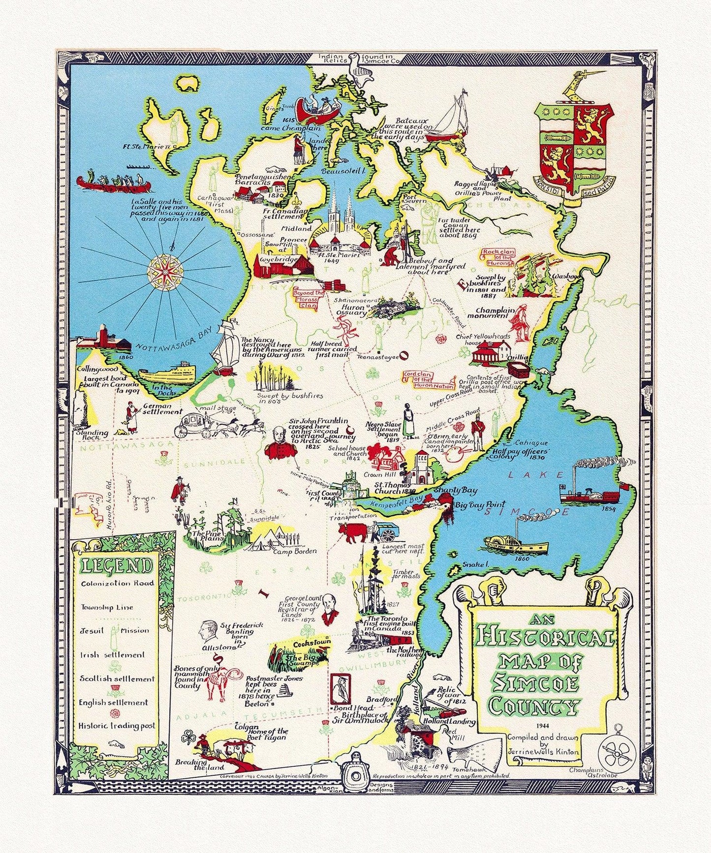 An historical map of Simcoe County, Ontario, 1944, map on heavy cotton canvas, 22x27" approx. - Image #1