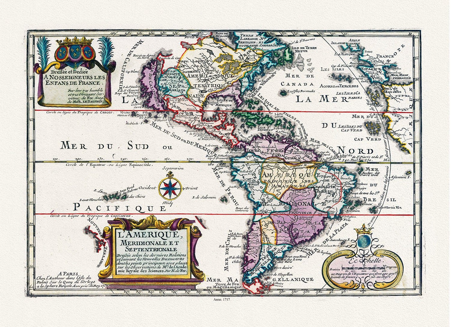 Fer, L'Amerique, Meridionale et Septentrionale, 1717 ,Map on heavy cotton canvas, 22x27in. approx. - The Map Chest