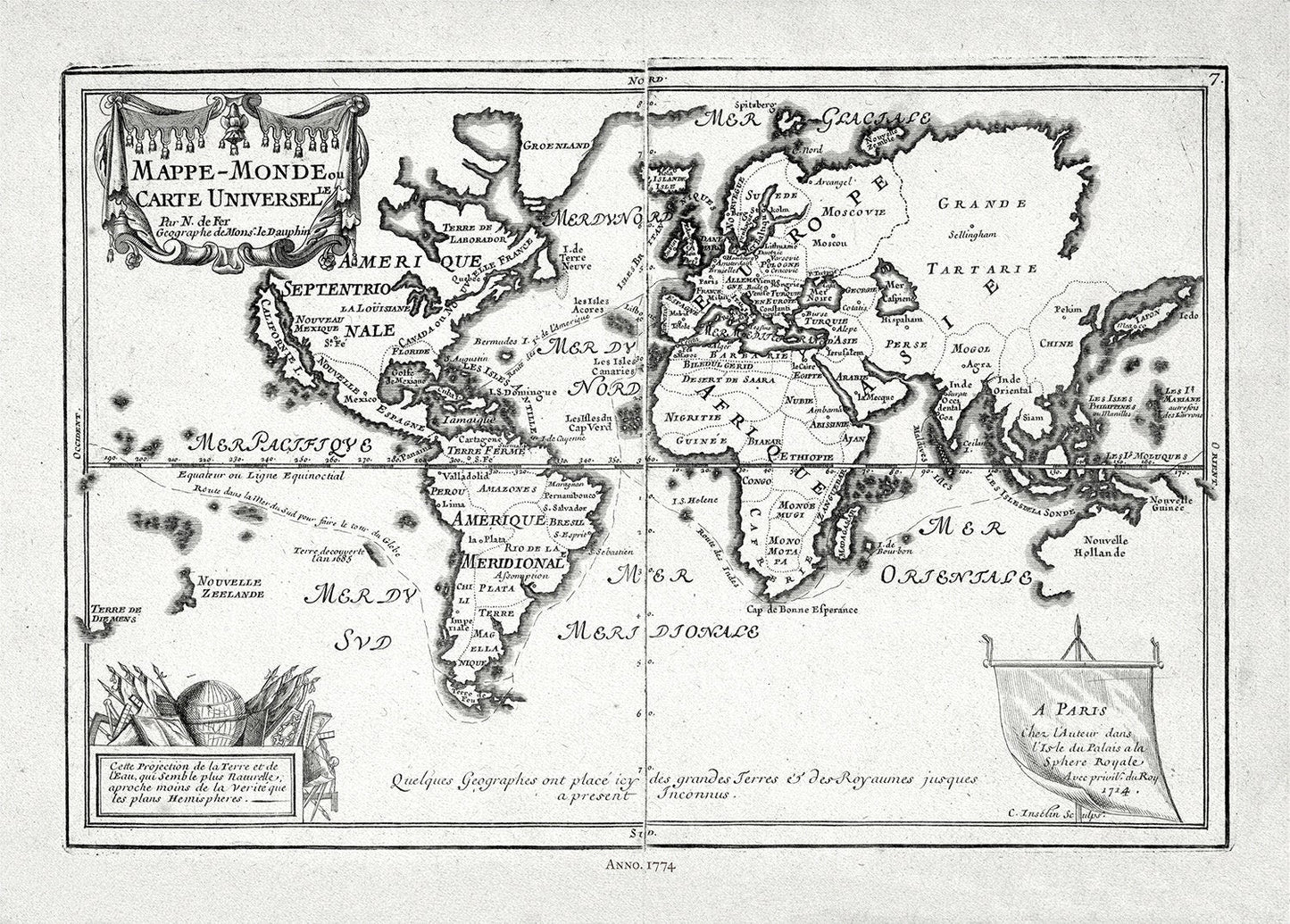 Fer, Mappe - monde, ou Carte Universelle, 1774 Ver. II ,Map on heavy cotton canvas, 22x27in. approx. - The Map Chest
