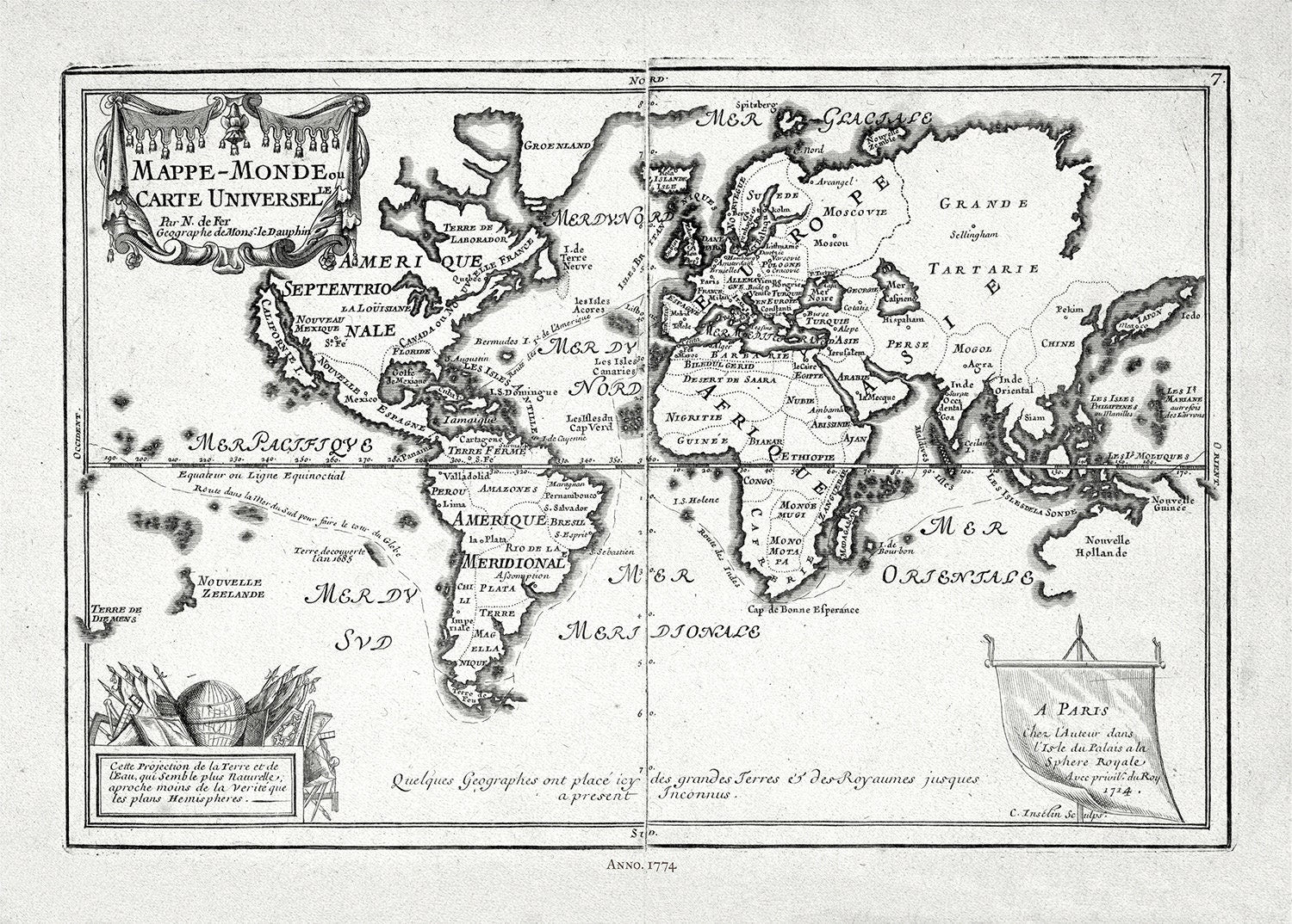 Fer, Mappe - monde, ou Carte Universelle, 1774 Ver. II ,Map on heavy cotton canvas, 22x27in. approx. - The Map Chest