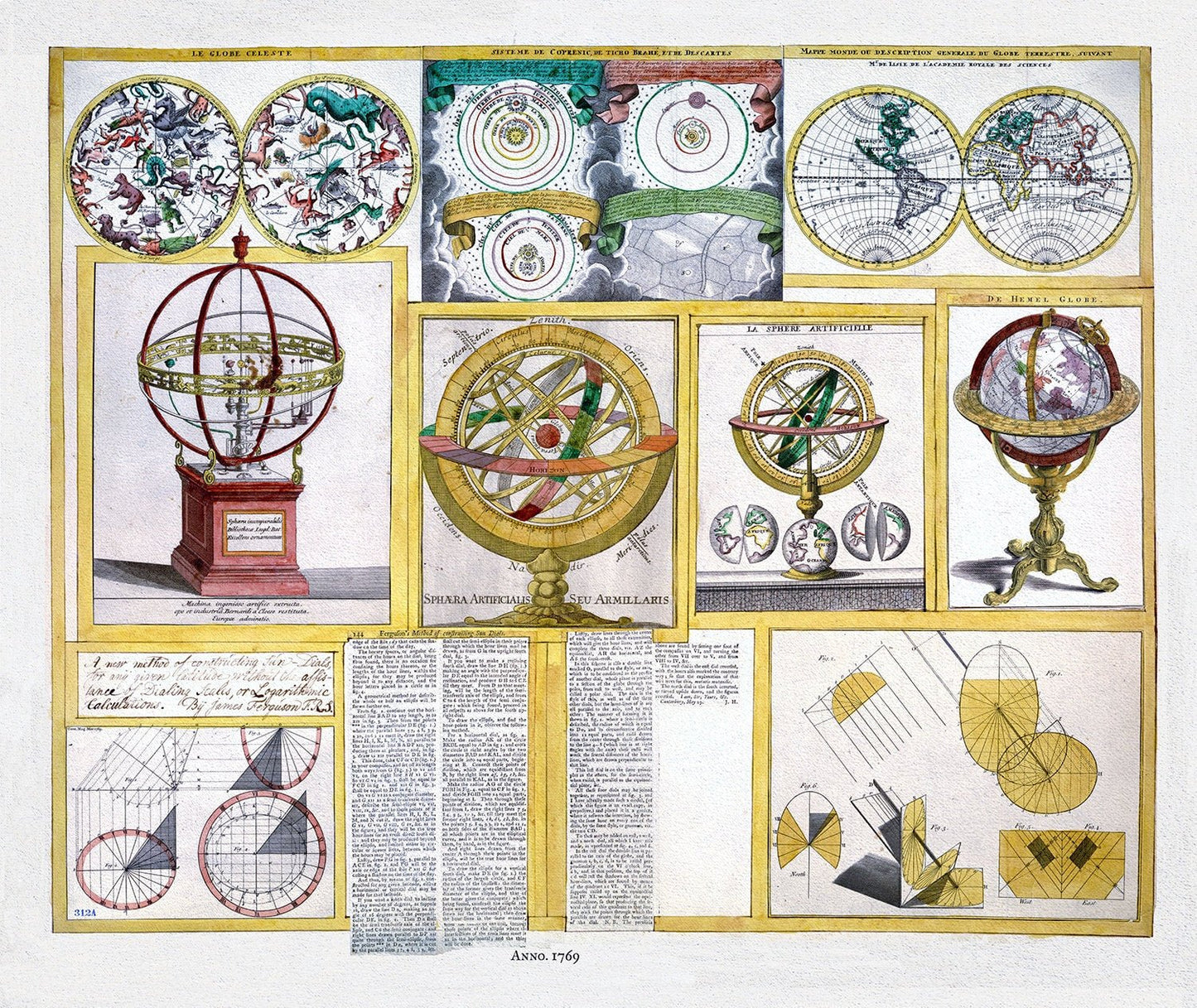 Ferguson, Collection of nine images including astronomical instruments, celestial charts, and a world map, 1769, canvas, 22x27" - The Map Chest