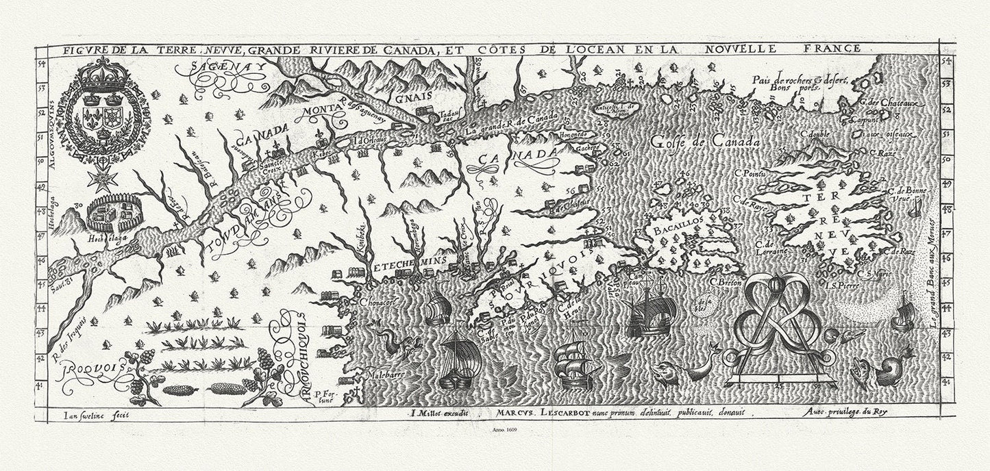 Figure de la Terre Neuve, le grande riviere de Canada, et côtes de l'ocean en la Nouvelle France, Les Carbot auth.,1609, 20 x 25" approx. - The Map Chest