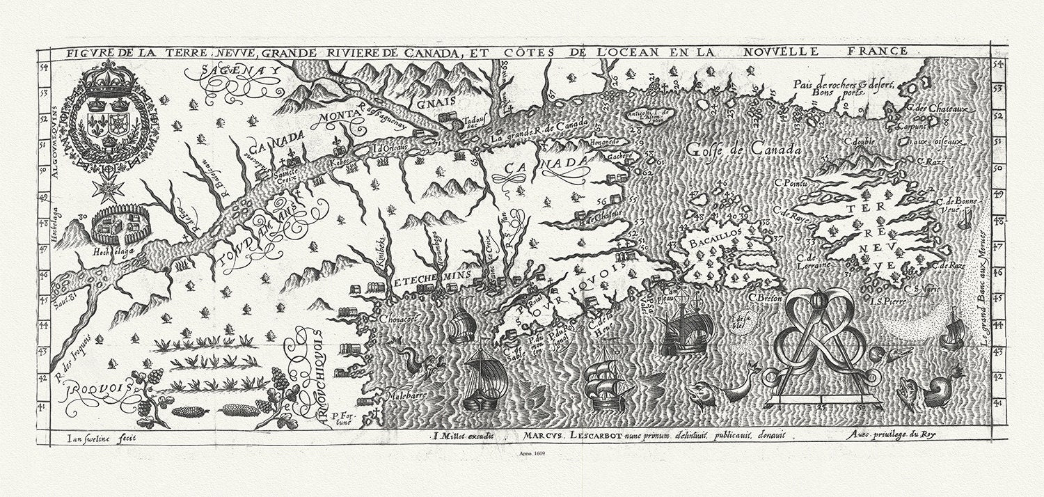 Figure de la Terre Neuve, le grande riviere de Canada, et côtes de l'ocean en la Nouvelle France, Les Carbot auth.,1609, 20 x 25" approx. - The Map Chest
