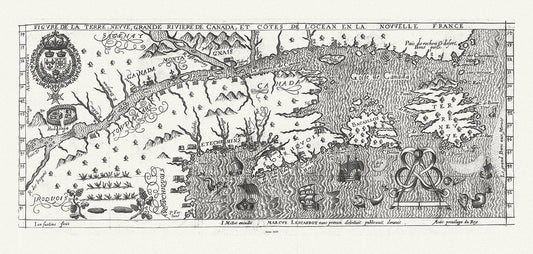 Figure de la Terre Neuve, le grande riviere de Canada, et côtes de l'ocean en la Nouvelle France, Les Carbot auth.,1609, 20 x 25" approx. - The Map Chest