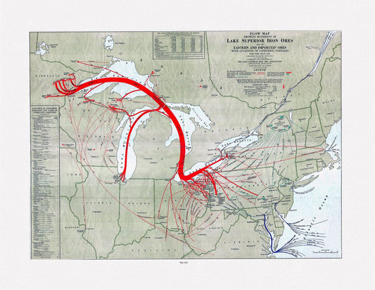 Flow map showing movement of Lake Superior iron ores with locations of consuming furnaces, 1951 , map on heavy cotton canvas, 22x27" approx. - The Map Chest