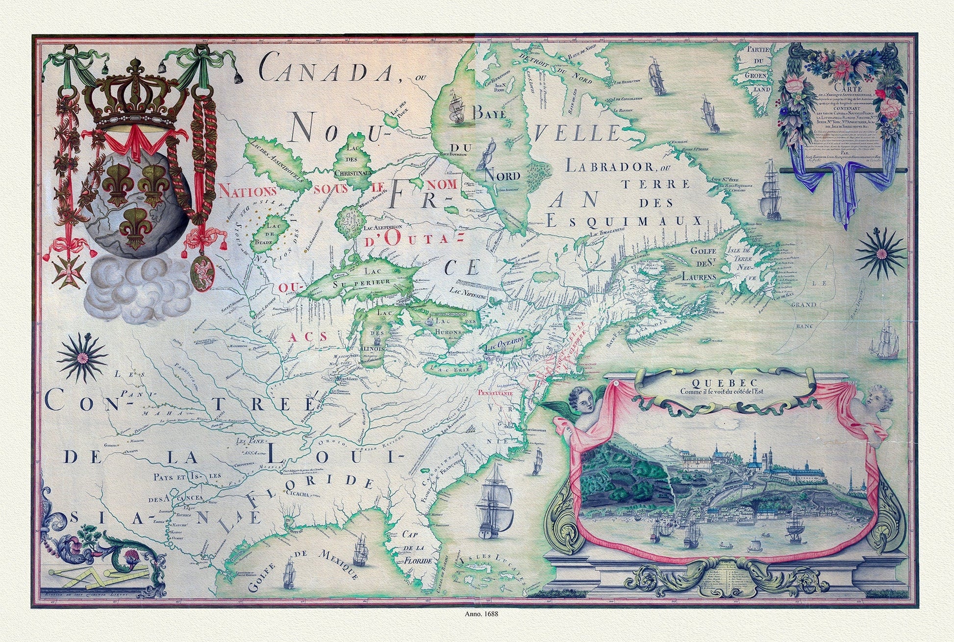Franquelin - Carte de l'Amerique Septentrionnale, hydrographe du roy, à Québec en Canada, 1688, map on heavy cotton canvas, 20 x 25" approx. - The Map Chest