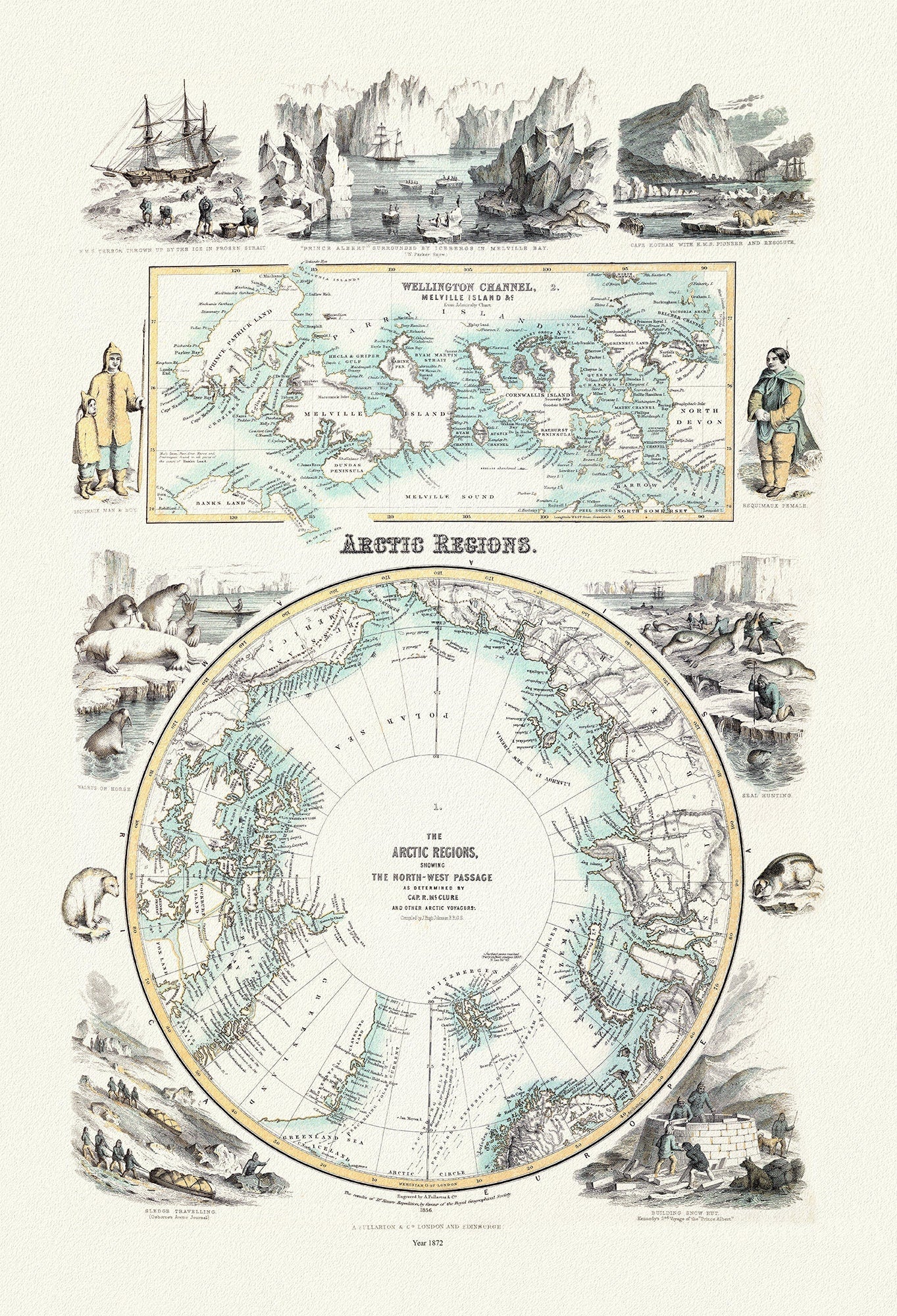 Fullarton, Arctic Regions, 1872, map on heavy cotton canvas, 22x27" approx. - The Map Chest