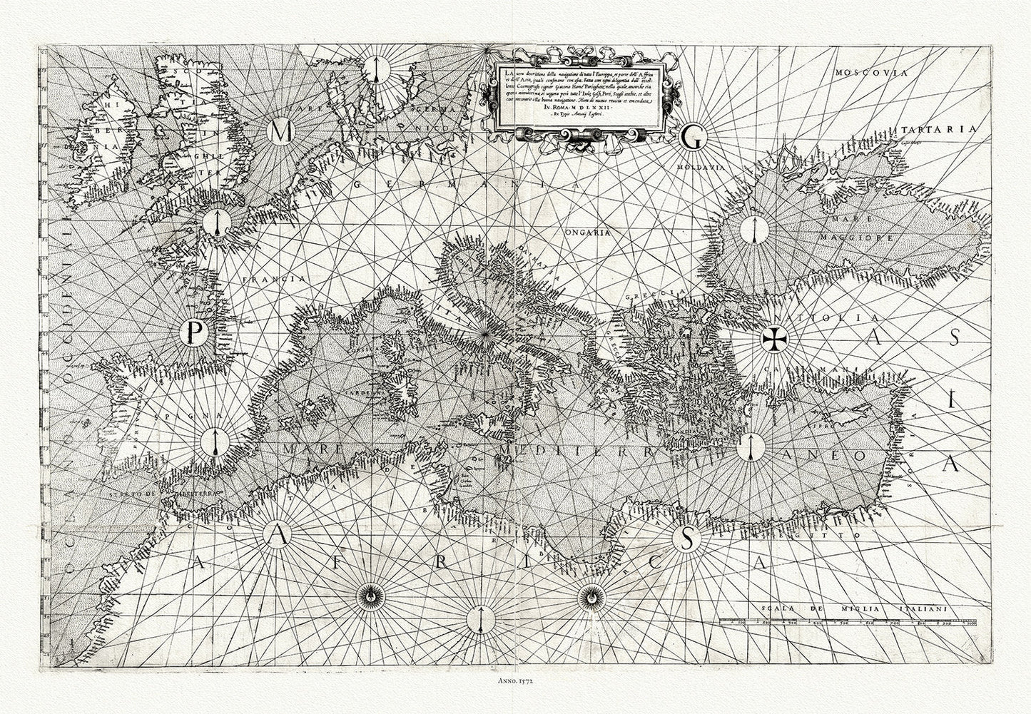 Giacomo Gastaldi, Europe & Mediterranean, 1572 , map on heavy cotton canvas, 22x27" approx. - The Map Chest