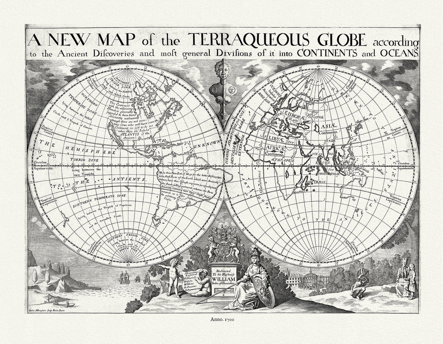 Globe, Terraqueous, with Ancient Discoveries, 1700, Wells auth., map on durable cotton canvas, 50 x 70 cm, 20 x 25" approx. - The Map Chest