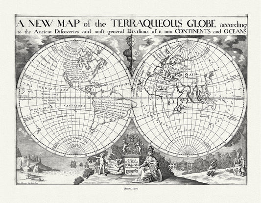 Globe, Terraqueous, with Ancient Discoveries, 1700, Wells auth., map on durable cotton canvas, 50 x 70 cm, 20 x 25" approx. - The Map Chest