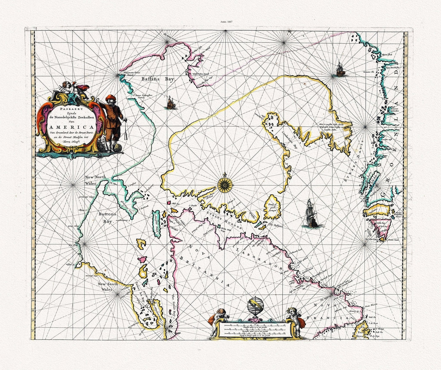 Goos, Paskaert Zynde de Noordelijckste Zeekusten Van America, 1667 , map on heavy cotton canvas, 22x27" approx. - The Map Chest