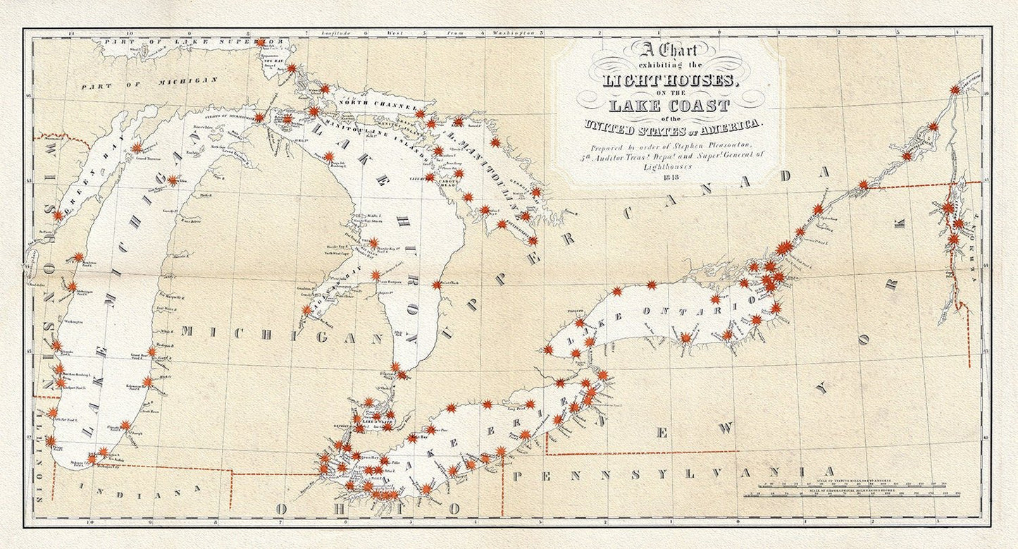Great Lakes Lighthouses, 1848 , map on heavy cotton canvas, 50 x 70cm, 20 x 25" approx. - The Map Chest