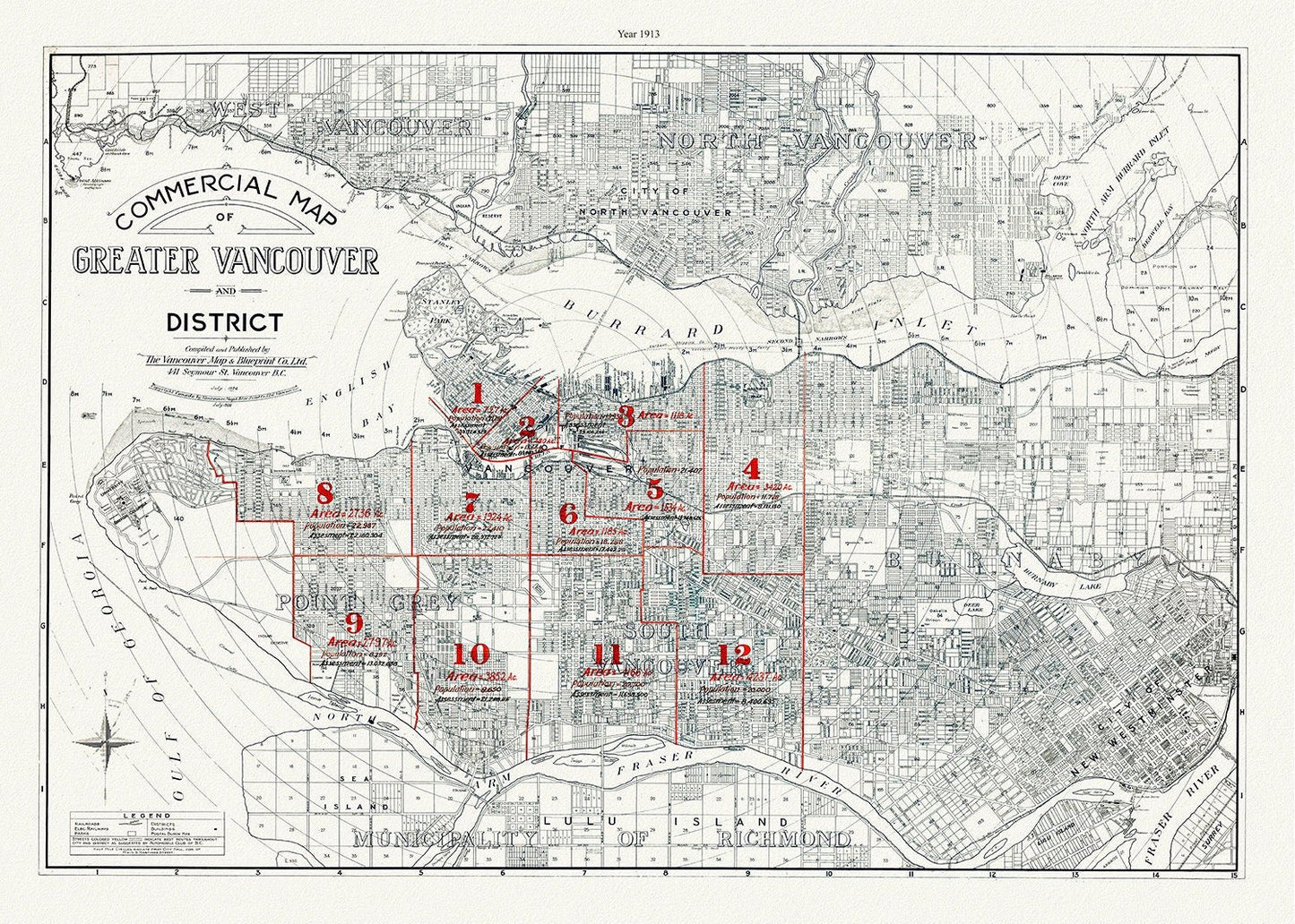 Greater Vancouver, A Commercial Map, 1913, map on heavy cotton canvas, 45 x 65 cm, 18 x 24" approx. - The Map Chest