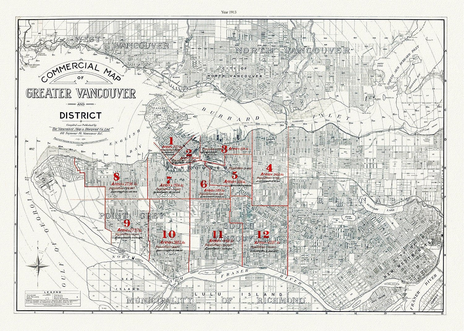 Greater Vancouver, A Commercial Map, 1913, map on heavy cotton canvas, 45 x 65 cm, 18 x 24" approx. - The Map Chest