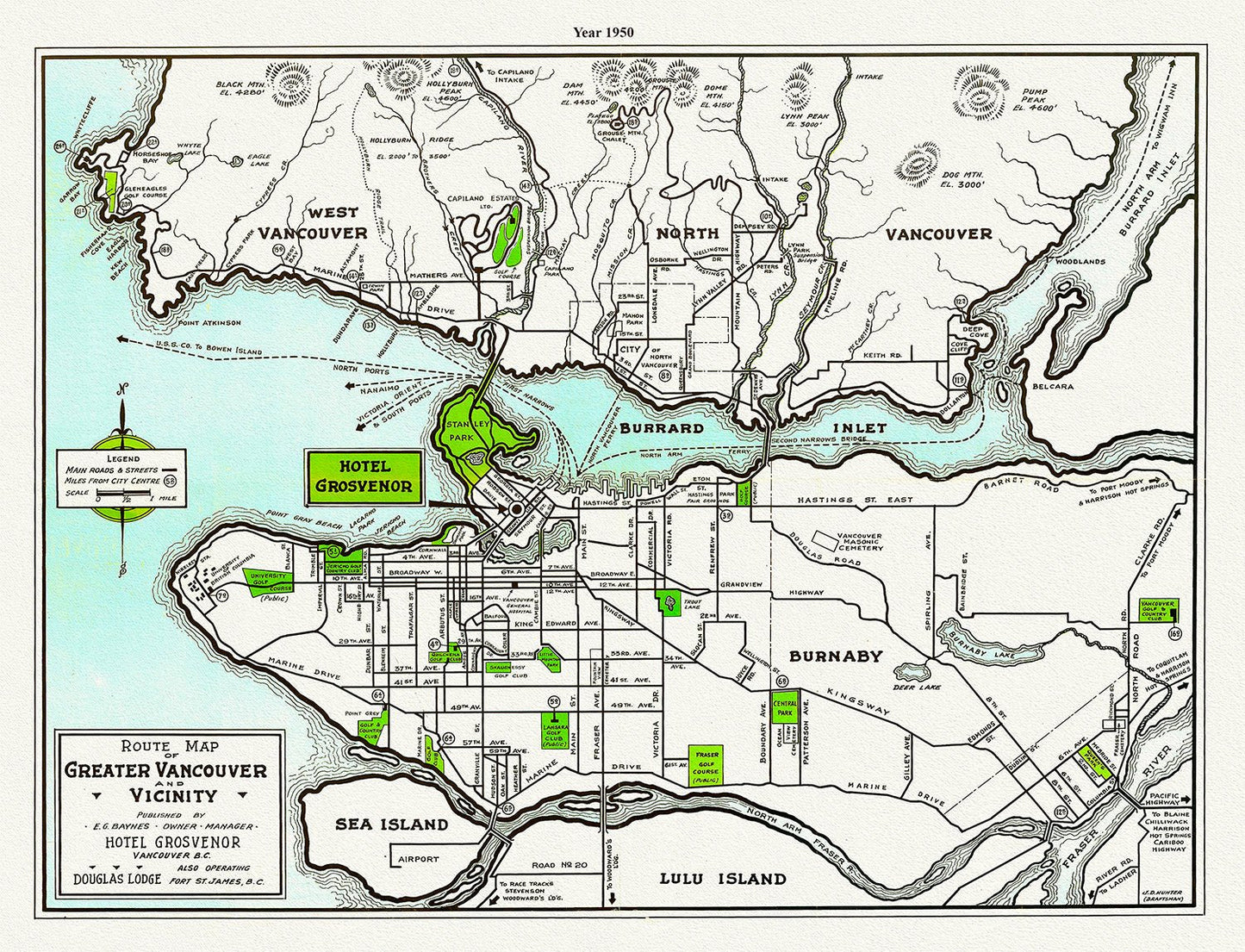 Greater Vancouver and Vicinity, A Route Map, 1950, map on heavy cotton canvas, 45 x 65 cm, 18 x 24" approx. - The Map Chest