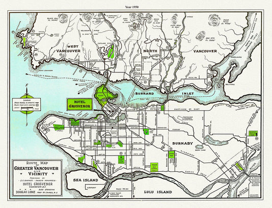 Greater Vancouver and Vicinity, A Route Map, 1950, map on heavy cotton canvas, 45 x 65 cm, 18 x 24" approx. - The Map Chest