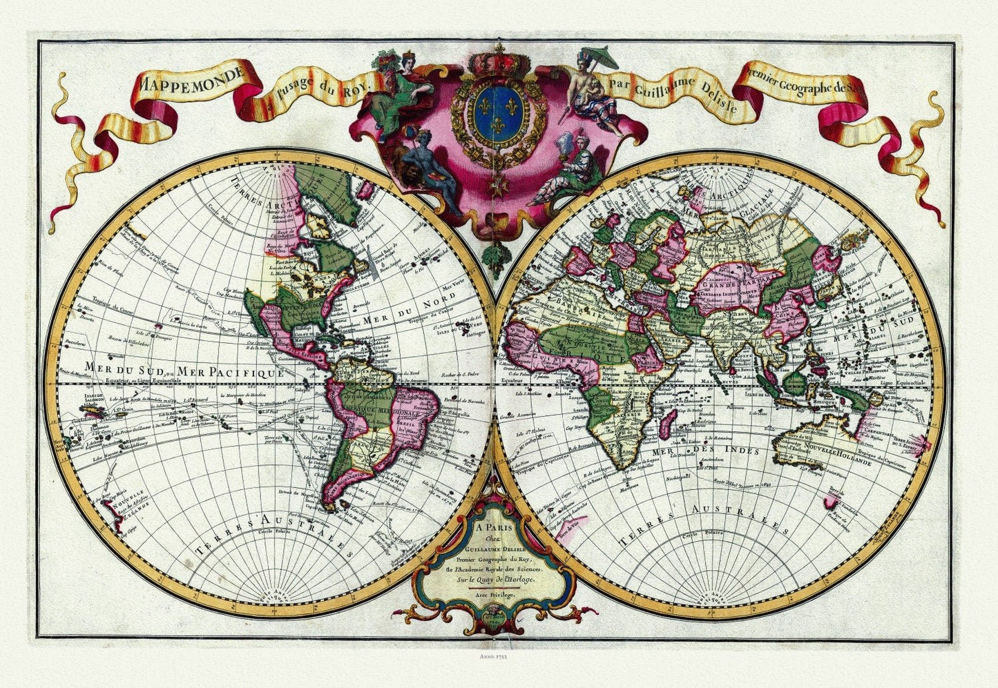 Guillaume Delisle, Mappemonde a l'usage du Roy, 1720 Ver. A, Map on heavy cotton canvas, 22x27in. approx. - The Map Chest