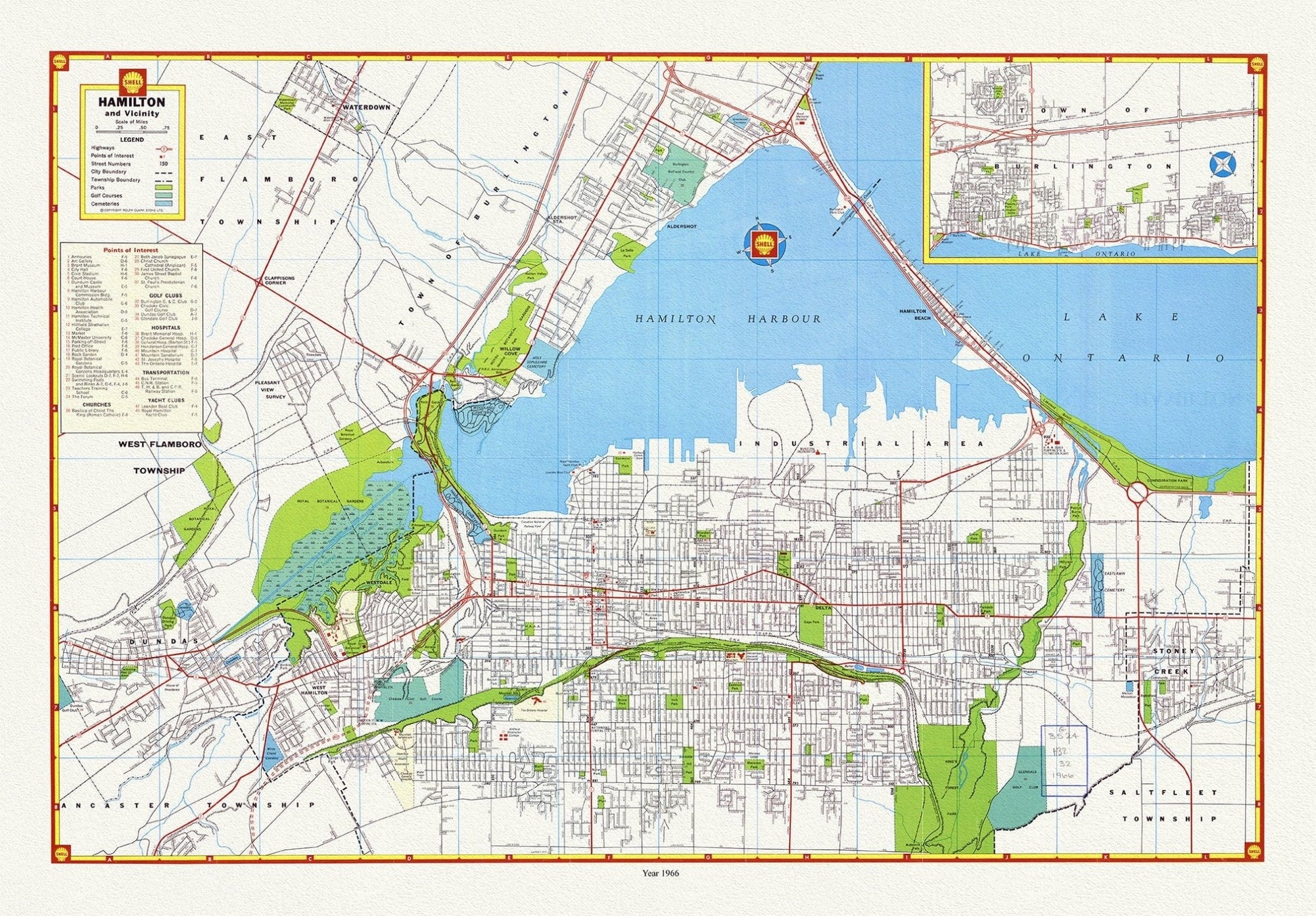 Hamilton and surrounding area, showing waterways, streets, railways, and an index, 1966, map on heavy cotton canvas, 20 x 25" approx. - The Map Chest