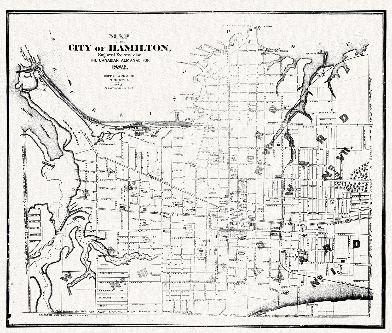 Hamilton, Ontario, 1882, map on heavy cotton canvas, 50 x 70cm, 20 x 25" approx. - The Map Chest