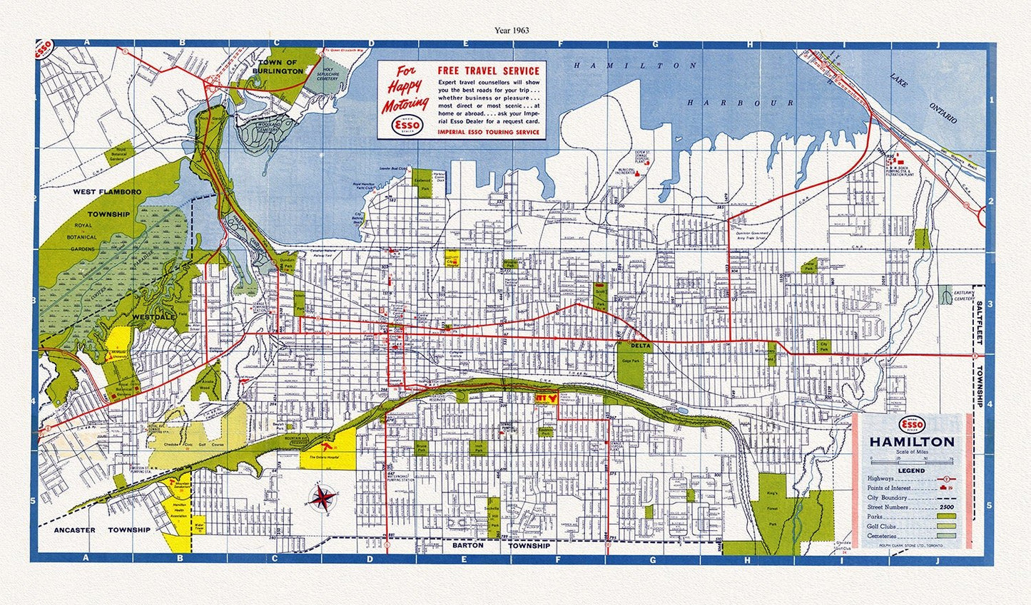 Hamilton, Ontario, 1963, map on heavy cotton canvas, 50 x 70 cm, 20 x 25" approx. - The Map Chest