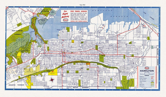 Hamilton, Ontario, 1963, map on heavy cotton canvas, 50 x 70 cm, 20 x 25" approx. - The Map Chest