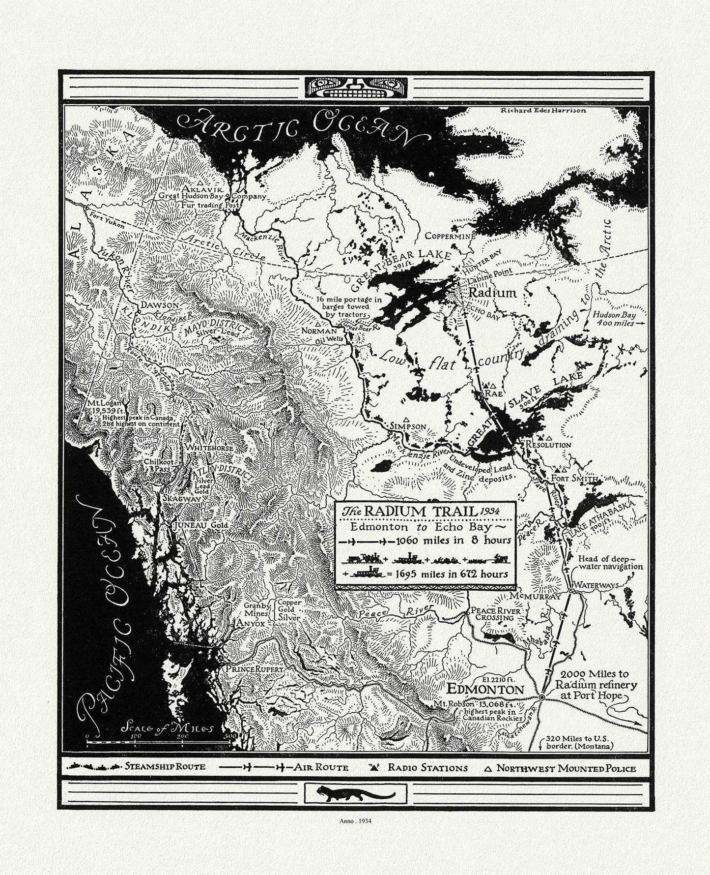 Harrison, The Radium Trail, 1934 , map on heavy cotton canvas, 22x27" approx. - The Map Chest