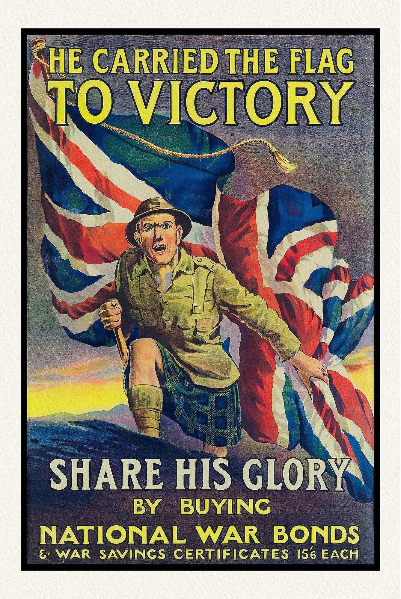 He Carried the Flag To Victory!, vintage war poster reprinted on heavy cotton canvas, 50 x 70 cm, 20 x 25" approx. - The Map Chest