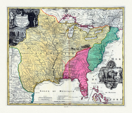 Hennepin, Amplissima regionis Mississipi, Francisc Riviere Mississippi in America septentrionali, 1687, map on heavy cotton canvas, 22x27" - The Map Chest