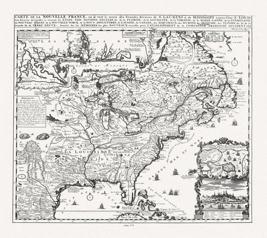 Henri Chatelain, Carte de la Nouvelle France, ou se voit le cours des grandes rivieres de S. Laurens & de Mississipi, 1719 ,canvas, 22x27" - The Map Chest