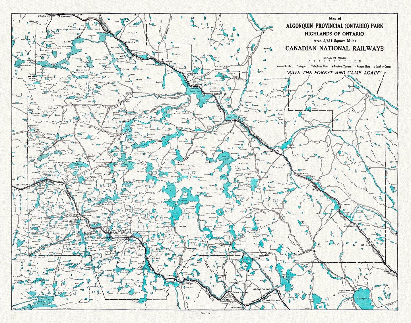 Historic Algonquin Park, Canadian National Railways, 1926, map on heavy cotton canvas, 22x27" approx. - The Map Chest