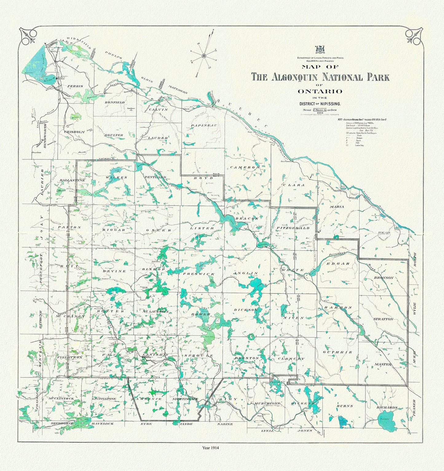 Historic Algonquin Park Map, 1914, map on heavy cotton canvas, 20x27" approx - The Map Chest