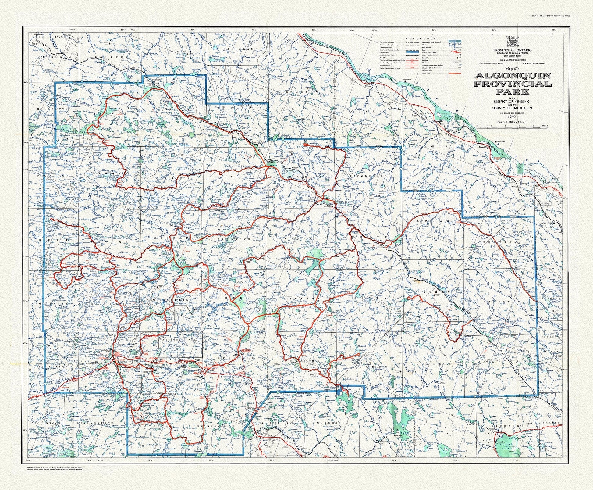 Historic Algonquin Park Map 47A, 1960 , map on heavy cotton canvas, 20 x 25" approx. - The Map Chest