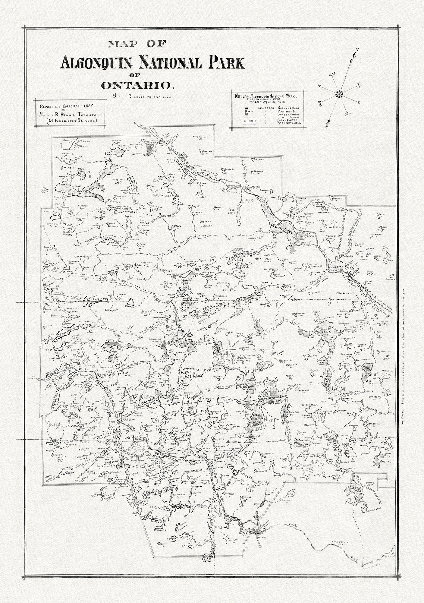 Historic Algonquin Park Map, auth. Arthur Brown, 1925, map on heavy cotton canvas, 32 x 24" approx. - The Map Chest