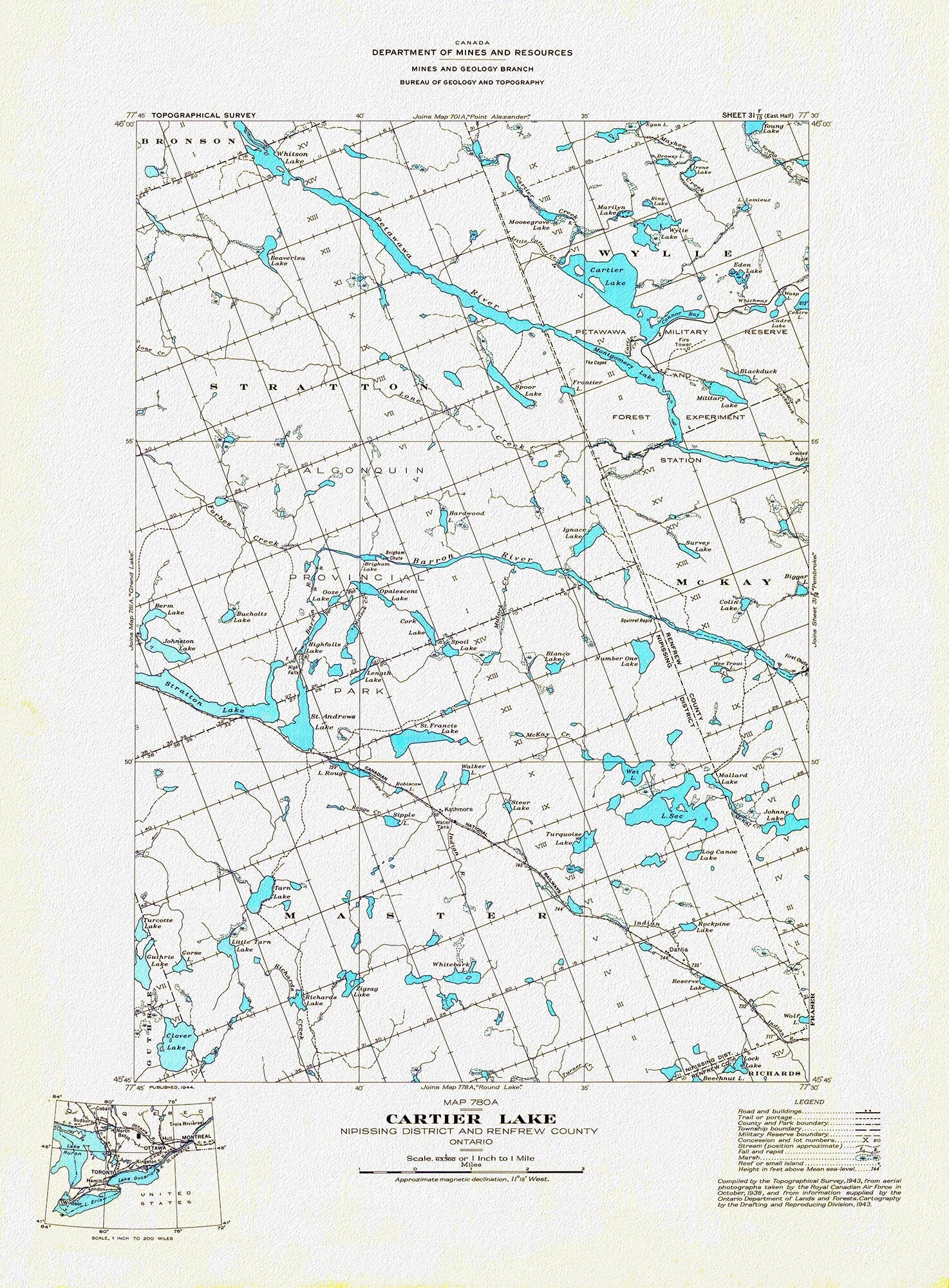 Historic Algonquin Park Map, Cartier Lake, National Topographic Series, 1944 , map on heavy cotton canvas, 20 x 25" approx. - The Map Chest