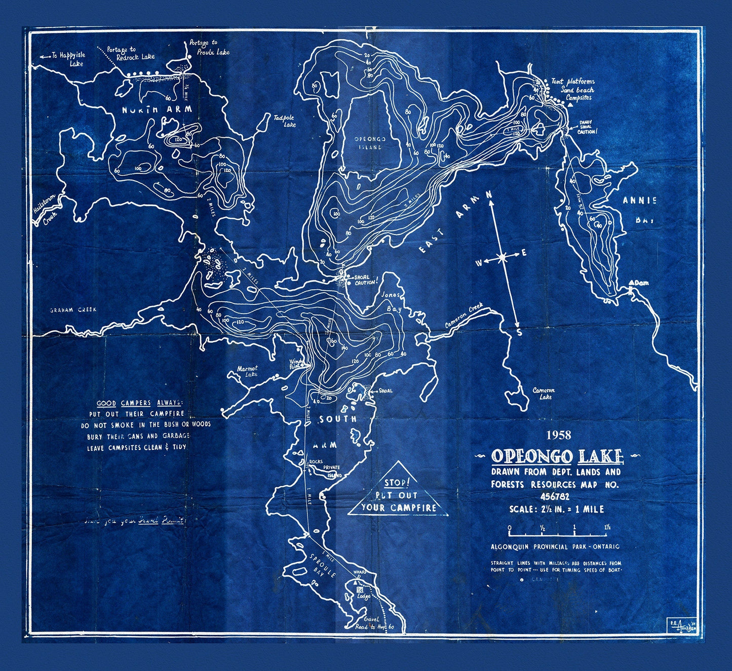 Historic Algonquin Park Map, Depth Map, Opeongo Lake, 1958 Cyanotype , map on heavy cotton canvas, 20x27" approx - The Map Chest