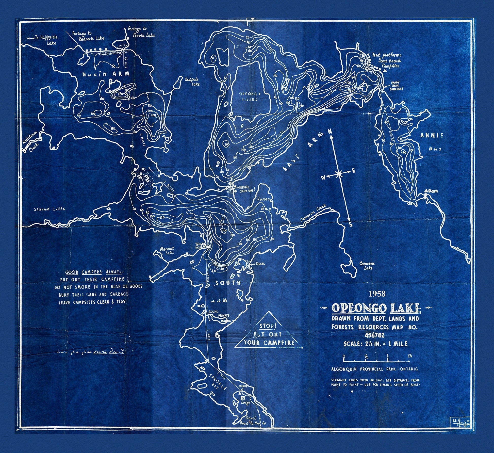 Historic Algonquin Park Map, Depth Map, Opeongo Lake, 1958 Cyanotype , map on heavy cotton canvas, 20x27" approx - The Map Chest