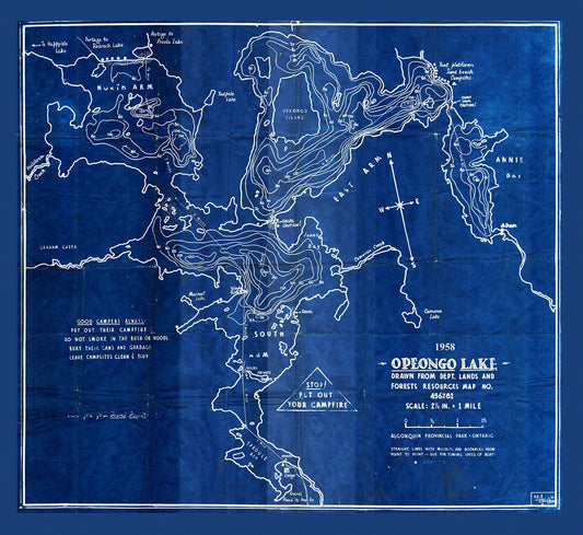 Historic Algonquin Park Map, Depth Map, Opeongo Lake, 1958 Cyanotype , map on heavy cotton canvas, 20x27" approx - The Map Chest